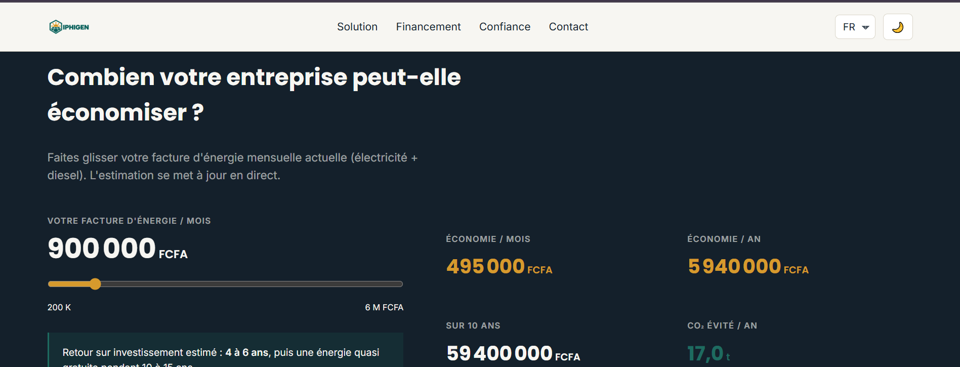 Simulateur d'économies du site Iphigen
